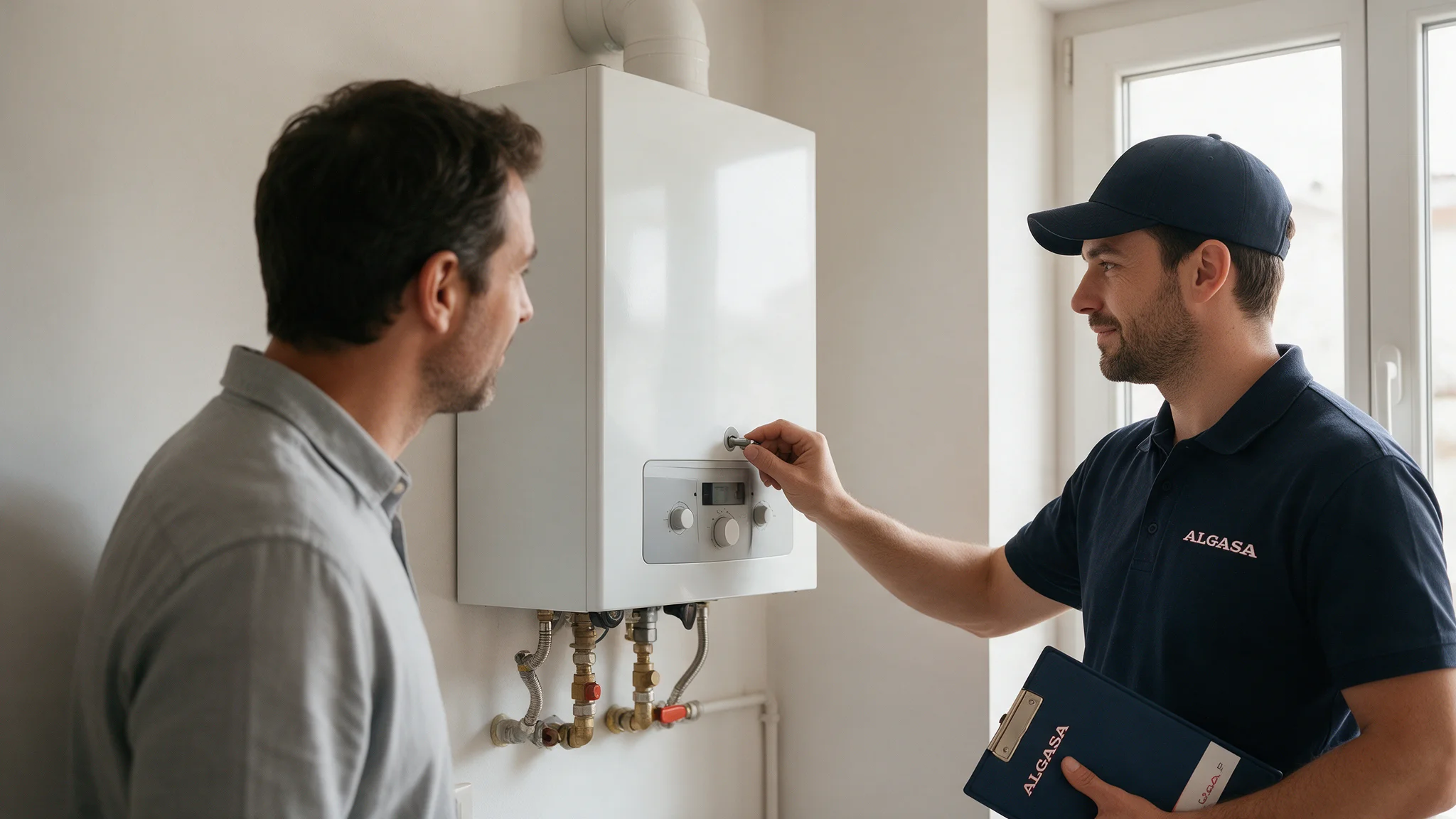Técnico de ALGASA revisando una caldera en una vivienda de León antes del invierno