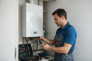 Técnico realizando mantenimiento preventivo en una caldera de una vivienda en León